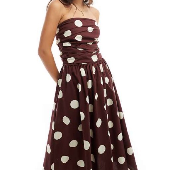Nobody’s Child Brown Spot Print Bandeau Felicity Midi Dress - Polka Dot - Picture 6 of 8
